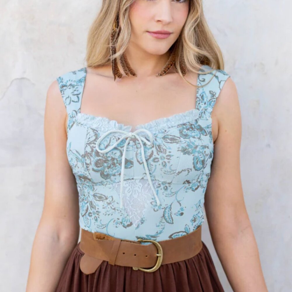 Joyfolie Pansey Bodysuit in Steel Blue Floral